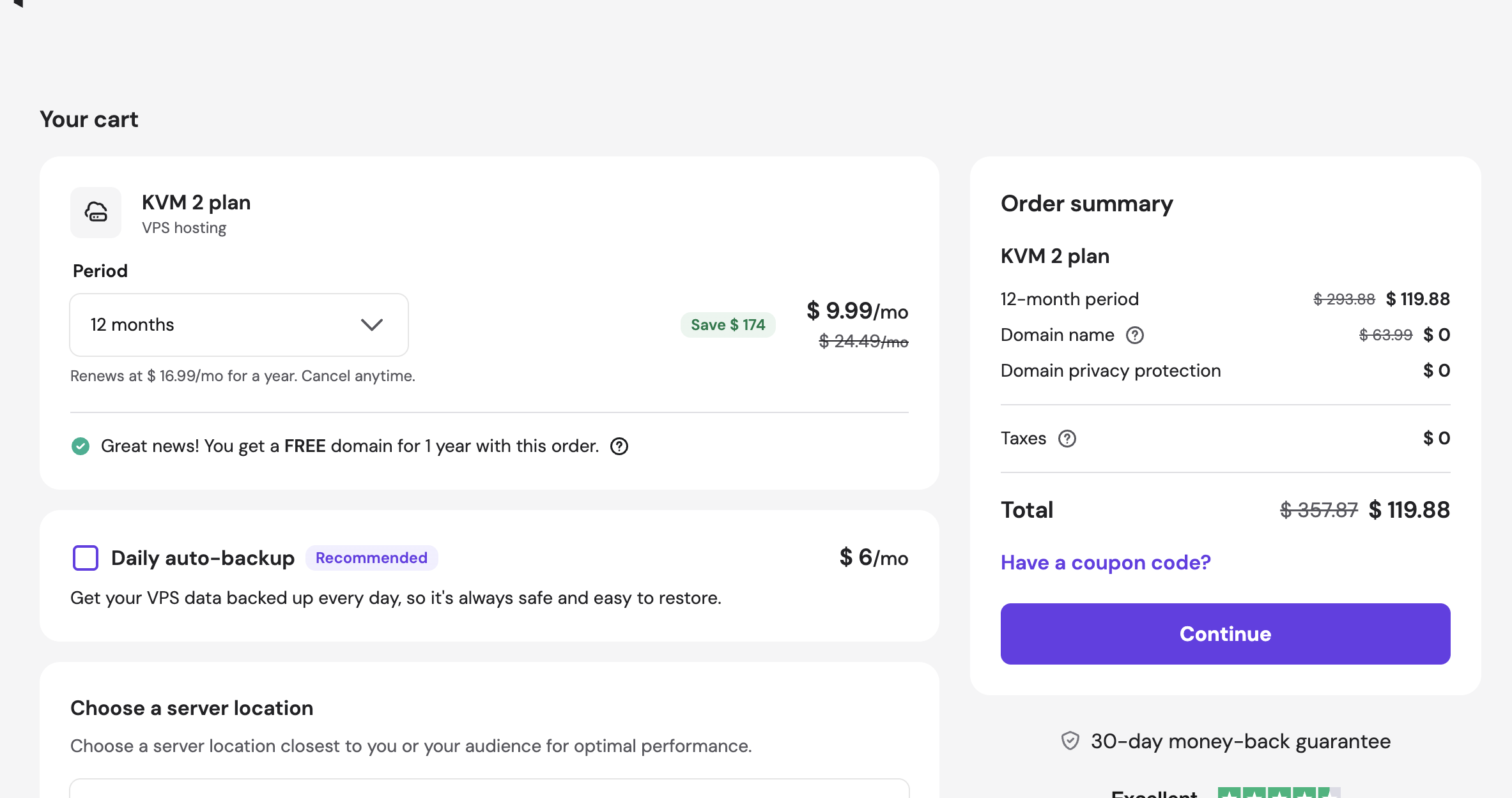 Hostinger checkout showing KVM 2 plan at $9.99/mo