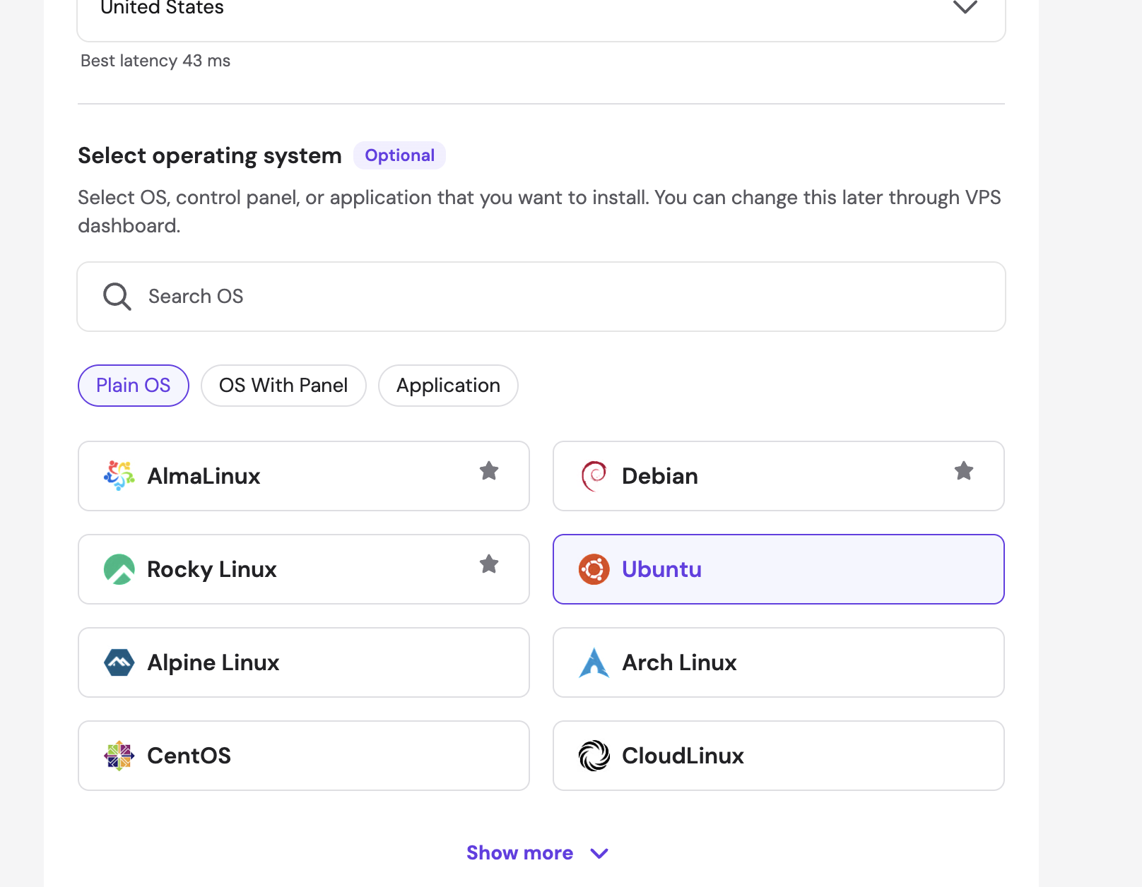 Operating system selection with Ubuntu highlighted