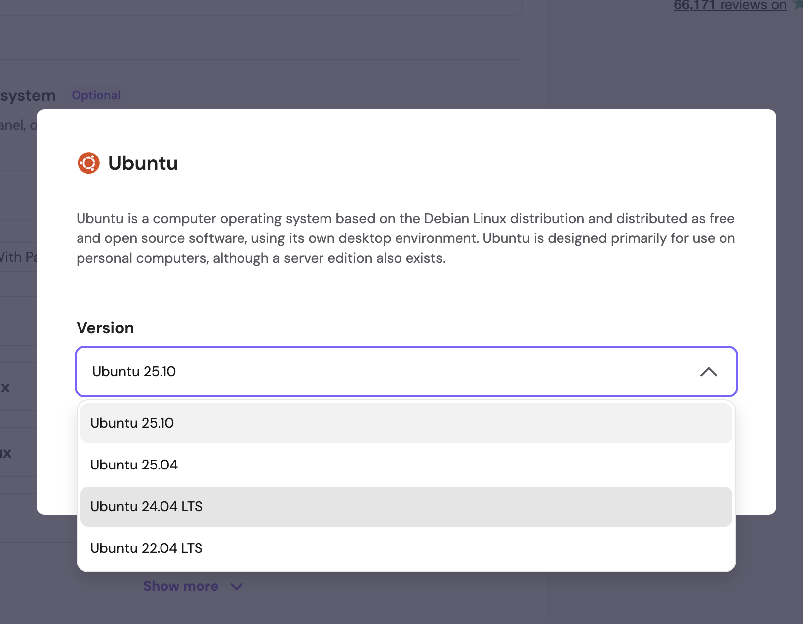 Ubuntu version dropdown showing 24.04 LTS selected
