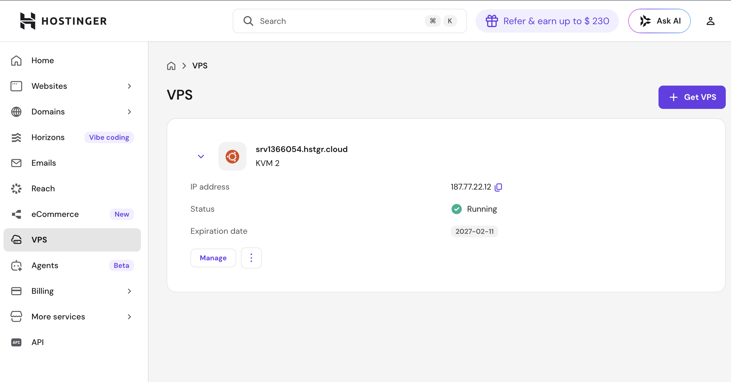 Hostinger VPS dashboard showing server with IP and running status