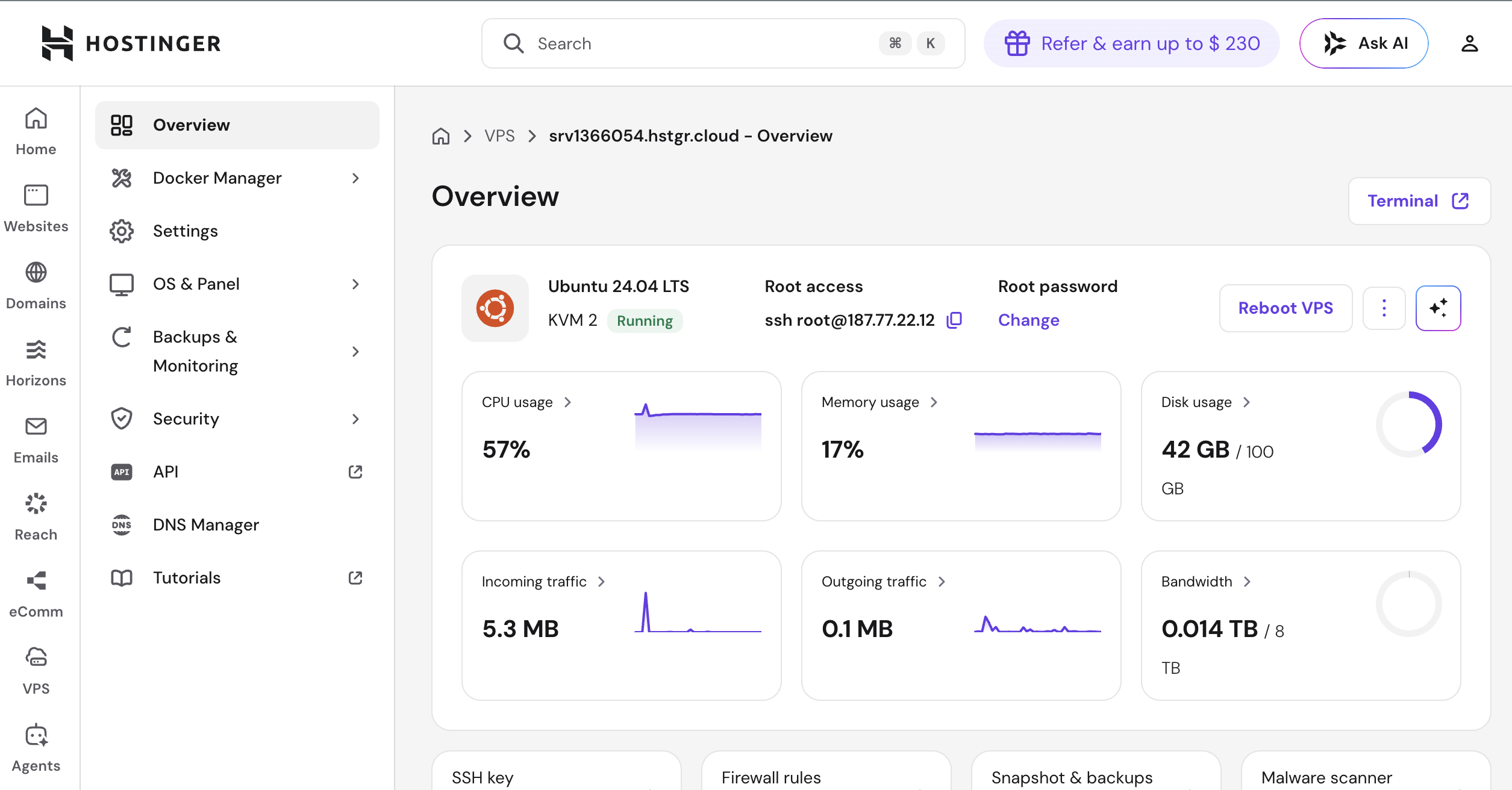 VPS overview page showing CPU, memory, disk usage