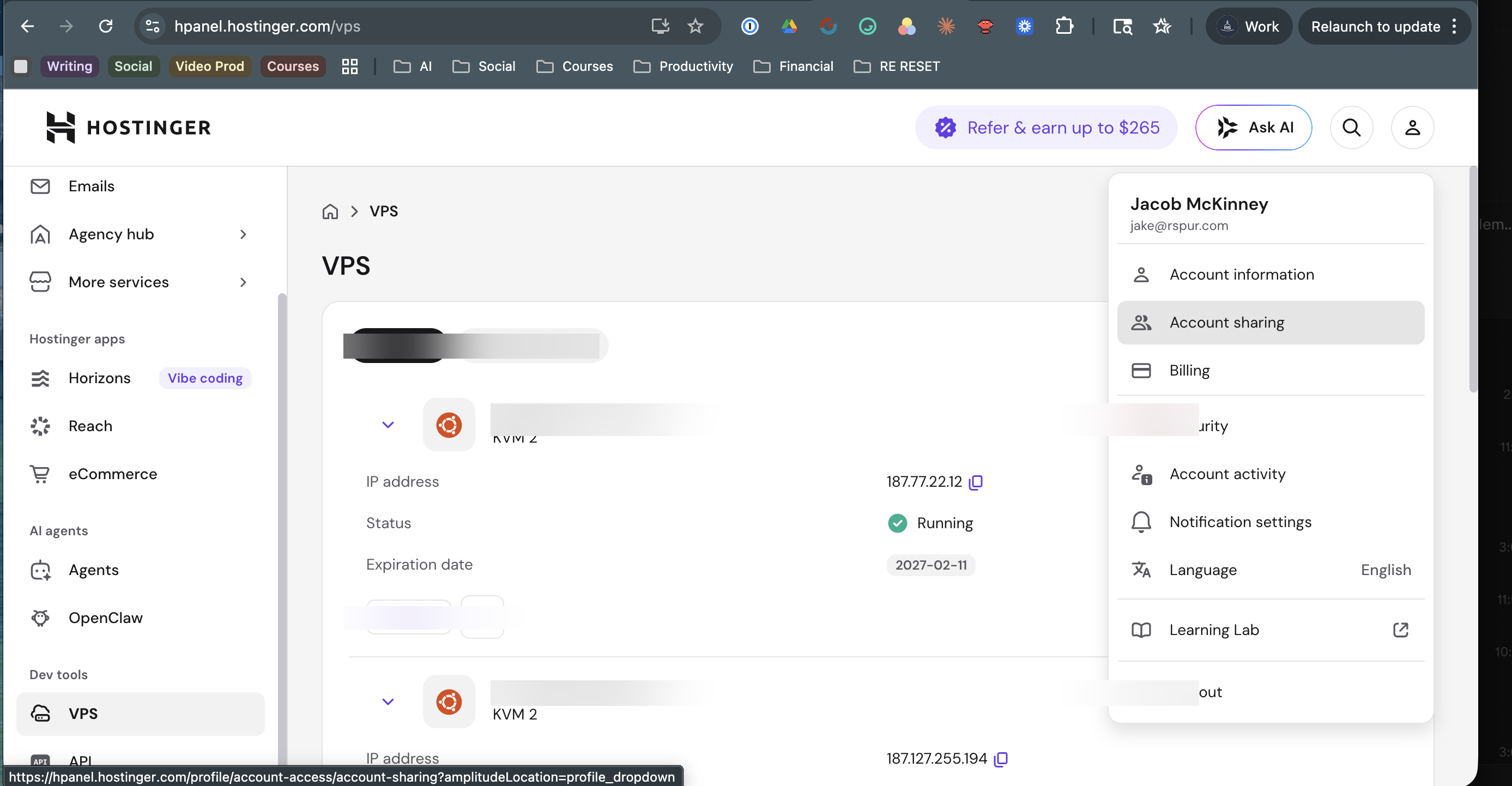 Hostinger profile dropdown showing Account sharing option